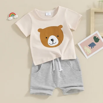 2 Buc Fata de Copil Baieti Costume de Urs de Imprimare Tricou Maneca Scurta si Elastic Talie pantaloni Scurți Set pentru copii Drăguț Haine de Vară