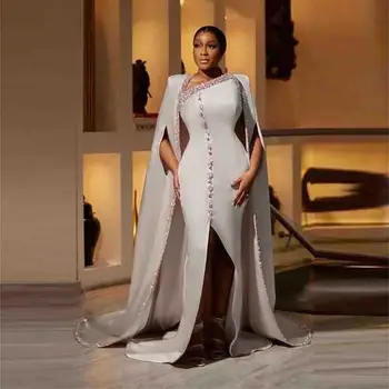 Arabia Saudită Cape Stil Rochii De Seara Argintiu Satin Sirenă Rochii De Bal Split Față Matura-Tren Femei Uzura Formale Halat De Petrecere