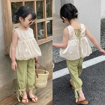 COPII Seturi Tricou fără Mâneci, Pantaloni Lungi Moale Subțire de Vară Stil coreean Drăguț pentru Copii Baieti si Fete de Moda Casual