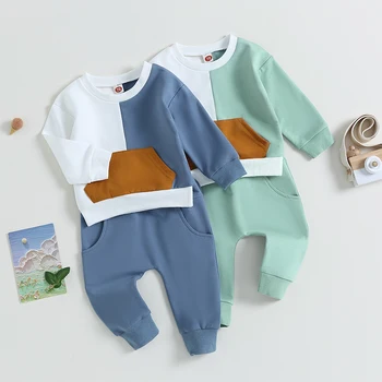 Copilul Nou-născut Toamna Seturi de Haine pentru Sugari Baieti Mozaic de Culori cu Maneca Lunga Bluze Topuri Pantaloni Tinutele Casual