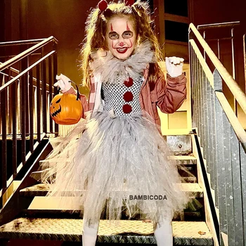 Gri Clovn Rochie Tutu pentru Fete Fata de Carnaval Joker Cosplay Tul Tinuta Petrecere Copii Haine Infricosator Costum de Halloween pentru Copii