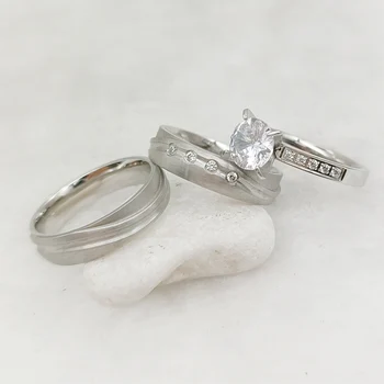 Mutial Strat 3pcs Căsătorie Nunta Promit Inele de Logodna, Seturi de Mireasa Pentru Cupluri de Argint din Oțel Inoxidabil Jewery