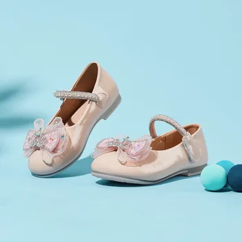 2023 Copii Vara Nou Stil Britanic Moale Frumos Drăguț Arc Coroană Strălucitoare Plat toc Superficial Pantofi din Piele pentru Fete Pantofi de Partid