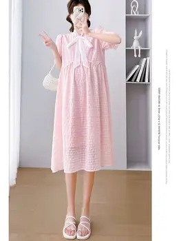 2023 Vară Stil Coreean Puff Maneca Rochie De Maternitate Bowknot Guler De Moda Sarcinii Rochie De Șifon Femeii Gravide Haine Drăguț