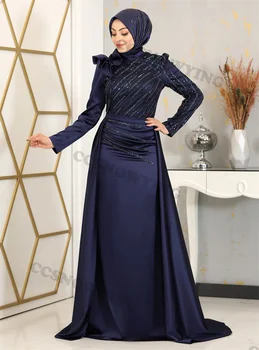 Aplicatii Cu Margele Musulman Rochii De Seara Din Satin Cu Maneci Lungi Islamic Hijab Formale Rochii De Petrecere Arab Dubai Robe De Soirée