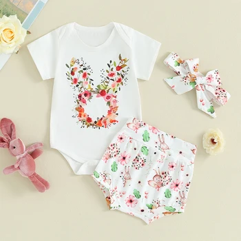 Copil nou-născut Haine de Fata Set Iepuras Print Short Sleeve Romper Copil Floral pantaloni Scurți Set de Paște Tinutele 3Pcs