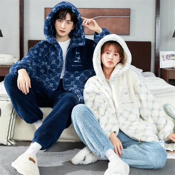 Cuplu Set de Pijama de Iarna Cald Pufos Haină și Pantaloni Lungi Femei, Pijamale pentru Om de Dormit Gros cu Glugă Zip-up haine de casă