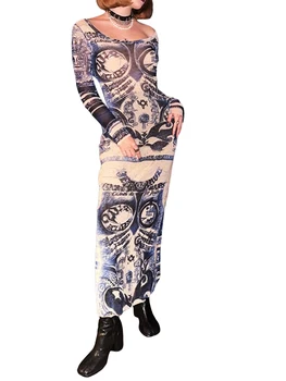 Doamnelor elegante Toamna Print Floral Ochiuri Maneca Lunga Bodycon Rochie cu Decolteu Rotund - Chic de Moda Streetwear