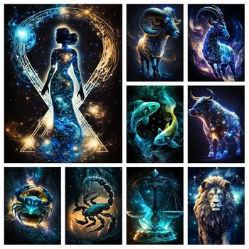 Fantezie, Noapte Înstelată Stele Zodia Diamant Pictura Arta Douăsprezece Constelații Astrologie Animale De Cristal Cruce Cusatura Cameră Decor