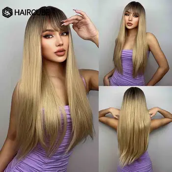HAIRCUBE Ombre Maro Blonda de Aur Peruci Par Sintetic cu Bang Lung și Drept Peruci pentru Femeile Afro Rezistente la Căldură Fibre Peruci