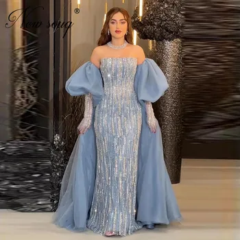 Lux Albastru Ștrasuri Din Mărgele Rochii De Seara Couture De Pe Umăr Rochie De Celebritate Middle East Dubai Noapte De Petrecere Rochie De Bal Robe Du Soir