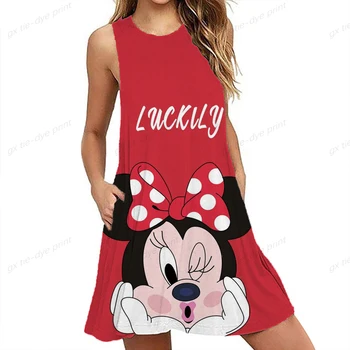 Moda Rochie Fără Mâneci Midi Femei Vara 2022 Disney Minnie Mickey Mouse Print Elegante, Rochii Casual, Haine Femei Vestidos