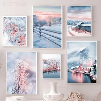 Peisaj De Iarnă, Apus De Soare Panza Pictura Snow Hill Lake House Iarbă Floare Poster Nordic Arta De Perete Poza Home Decor Camera De Zi
