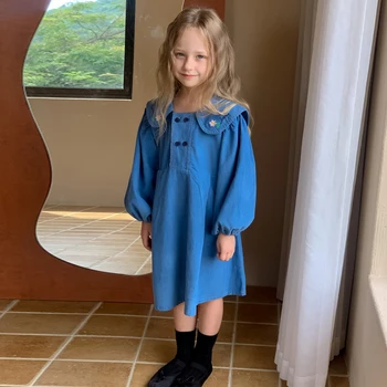 Primavara Toamna Haine Copii Fete Brodate Rever mâneci Rochie de Catifea Copii Princess Albastru Rochii de Moda pentru Fete