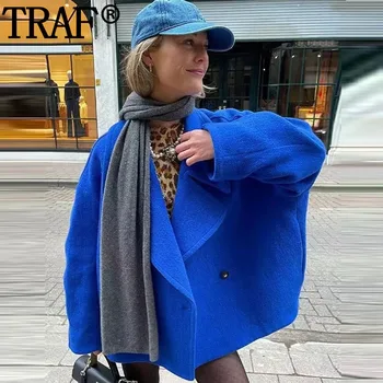 TRAF Faux Lână Coats Pentru Femei Albastru Scurt Haina de Femeie Iarna 2023 Maneca Lunga, paltoane Supradimensionate Moda Butonul de Toamnă Nou În Jachete
