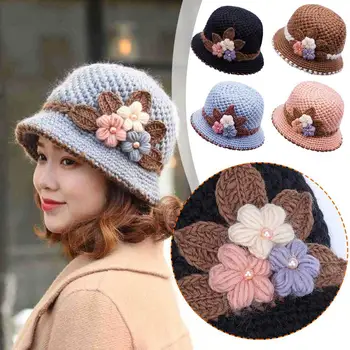 Tricotate 3D Flori Pescar Pălăria În Kaki Pentru Femei la Modă de Vârstă Capac Pentru Mama Pălărie Cu Flori Croșetat Dublu Strat