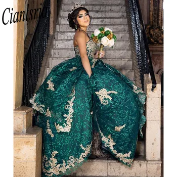Verde Mexican Vestido De 15 Anos Charro Quinceanera Rochii De Dantelă De Aur Appliqued Corset Rochie Sweet 16 Abiti Da Cerimonia
